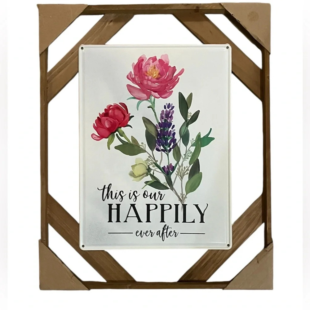 Farmhouse Floral Metal/Wood Wall  Sign 21×17 “This Is Our Happily Ever After”